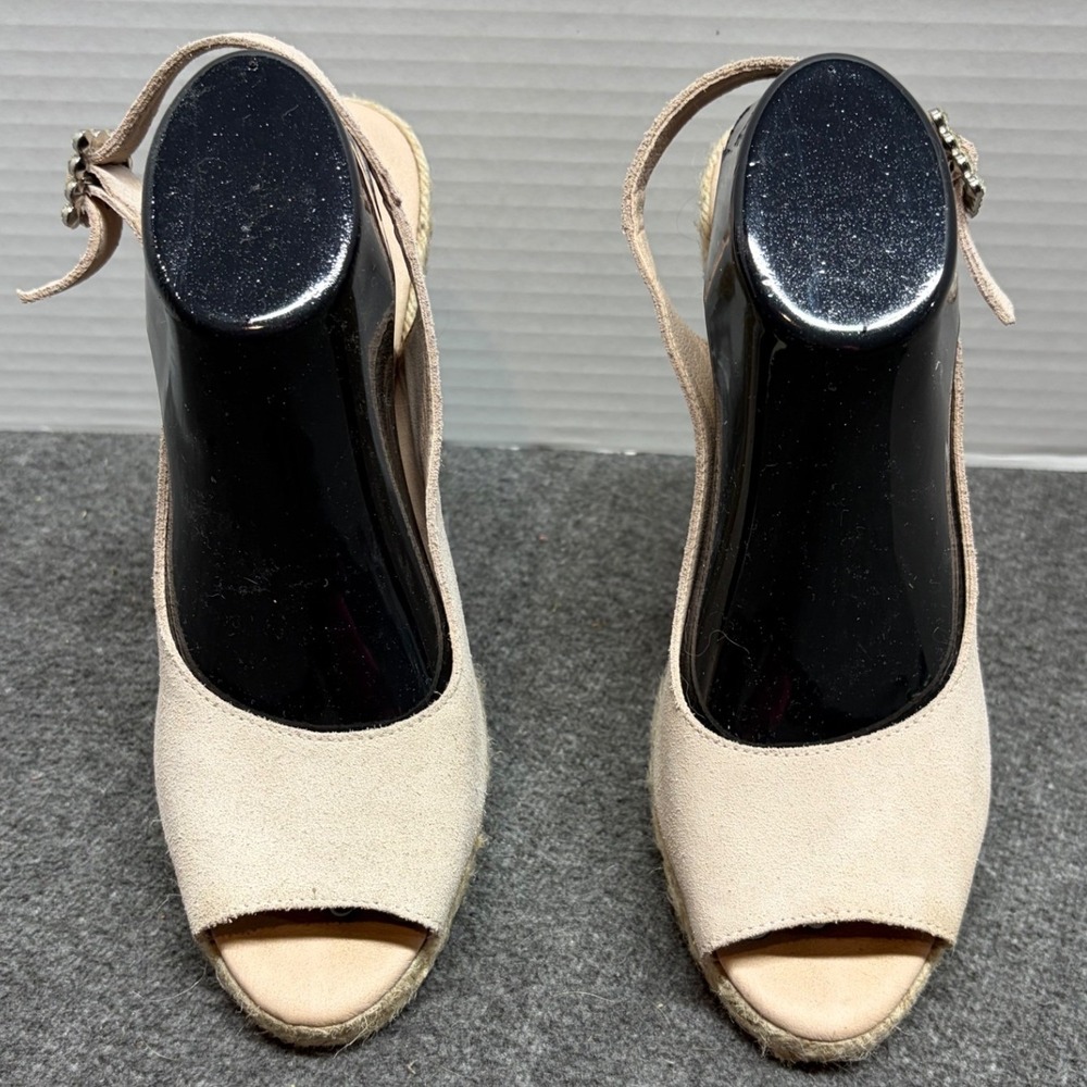 Paseart Spain Tan Suede Espadrille Wedge Sandals Rhinestone Buckle Womens Sz 41